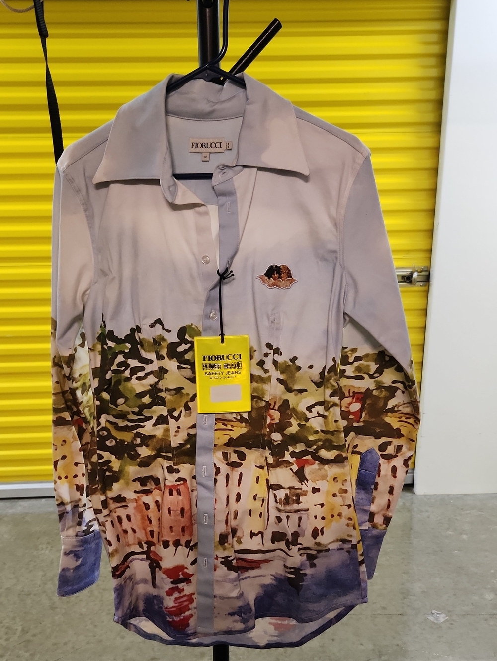 Fiorucci Watercolor Cityscape Button-Up Shirt in Light Gray, Green & Blue